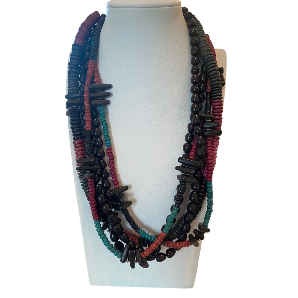 Multistrand beaded wood necklace African black ebony statement chunky 11” tribal